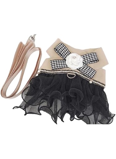 Dog Harness Dress, Plaid Dog Harness Dress with Leash Set, Summer Cute Pet Dog Clothes,Girl Puppy Dresses for Girl Small Dogs, Chihuahua Harness. (Black, Small)