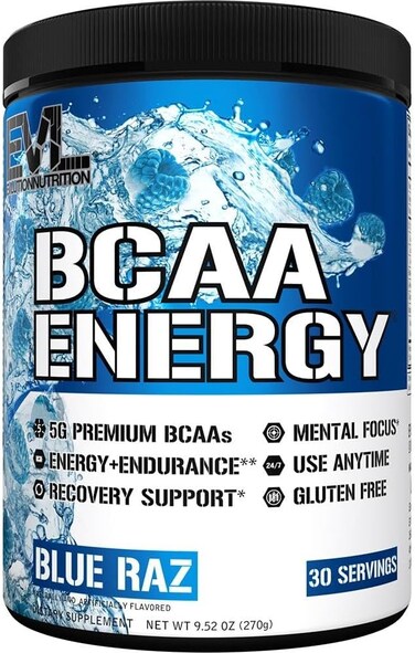 Evlution Nutrition BCAA Energy - High Performance, Energizing Amino Acid Supplement for Muscle Building, Recovery, and Endurance, Blue Raz (30 Servings)