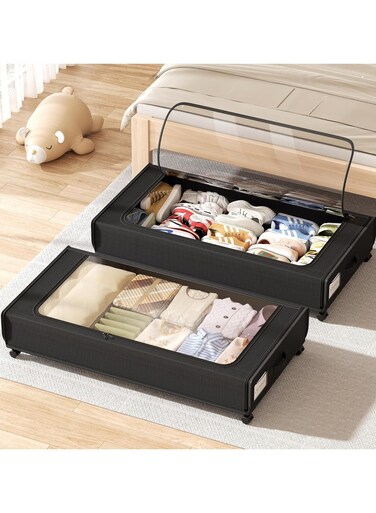 Underbed storage box, with wheels and lid 80 x 43 x 16 cm, Storage drawer, Large clothing and shoe organizer, Rolling drawer Container for blankets and toys (black, 2-pack)
