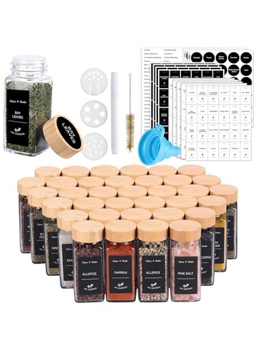 35 Glass Spice Jars 120ml with BAMNBOO Lids   340 Water Proof Stickers &amp; Labels   3 Kind 36 Shaker Lids   Brush   Silicone Funnel   Pen,Spice Your Kitchen with Elegant Spice Jars (BAMBOO Lid)