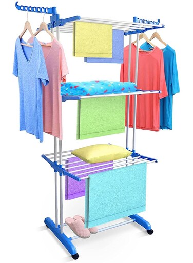 Heavy Duty 3 Layer Double Pole Laundry Drying Stand, Blue/Silver