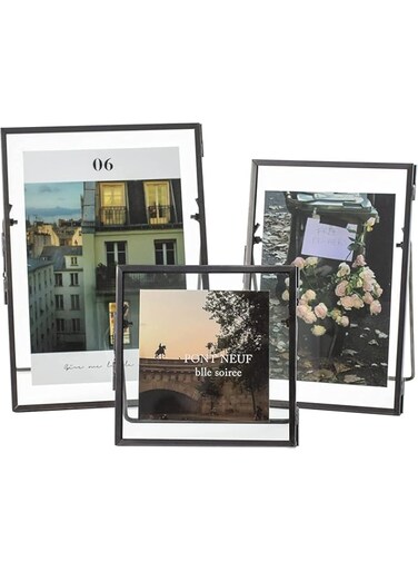 Benting Set of 3 Glass Photo Frame Collection - Modern Metal Geometric Picture Frame with Glass Cover,Metal Tabletop Standing Glass Floating Picture Frame Home Decor Artwork Photo Display (Black)