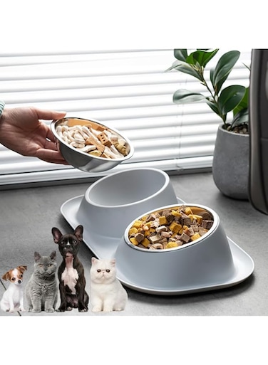 JDLYEVER Cat Food Bowls - Stainless Steel Double Cat and Dog Bowls - Separate Cleaning - Non-Slip Rubber Base - Spill-Proof Barrier for Waste Reduction - 15&deg; Tilt for Neck Protection - 40x23x8cm