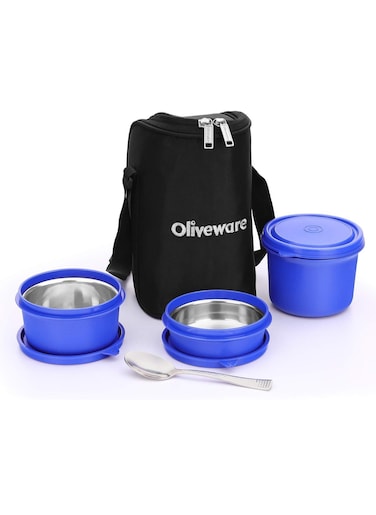 Stainless Steel Boss Pro Lunch Box, Steel Range, Microwave Safe and Leak Proof , 3 Air-Tight Containers with Bag , with Steel Spoon, Keep Food Hot (Blue)