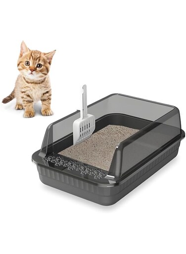 Cat Litter Box Large XVersion 18L Open Top Litter Box with High Sides, Anti-Splash, Semi-Enclosed Cat Toilet,Cat litter tray,Easy Cleaning Cat Sandbox with Scoop L52 x W35 x H20cm (Semi-Enclosed Grey)