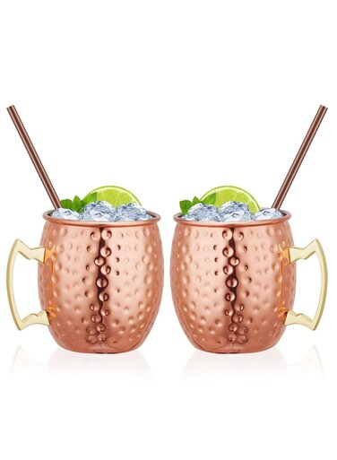 Set Solid Pure Copper Hammered Mugs Handcrafted Cups of 2 Mugs Straws in a Box