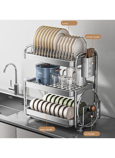 3-Layer Stainless Steel Dish Drying Rack   Kitchen Organizer with Plate &amp; Utensil Holders for Countertop   Durable Dish Drainer Stand
