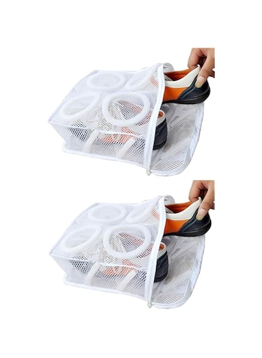 Rubik Sneaker Dryer &amp; Wash Bag With Strap for Shoes Washing, Mesh Laundry Bag, Mesh Shoe Washing Bag with Zipper for Men &amp; Women, White (2 Pack)