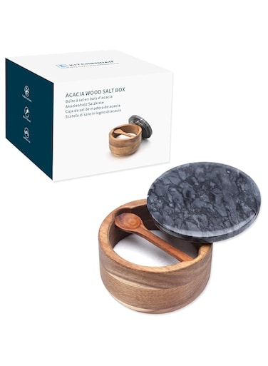 KITCHENDAO Large Acacia Salt Cellar Box Bowl with Built-in Spoon and Marble Lid, Solid Natural Acacia Wood Bath Sea Salt Container, Black Marble Lid, Pepper Sealer Pinch Bowl, 10oz Capacity