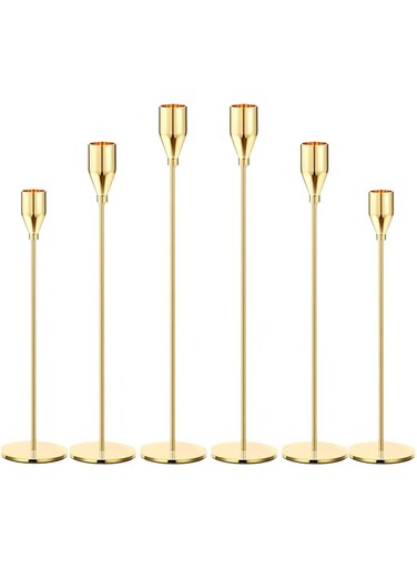 6Pcs Lemon Gold Candle Holders,Set of 6 Tall Taper Gold Candlestick fit 3/4" Thick Pillar Candle Led Modern Metal Candles, Elegant Stands Decorative Table Centerpieces for Dinning Party Decorative