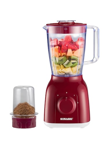 Sonashi 2in1 Blender Unbreakable Blender(1.25L) and Grinding Jars, Smoothie, Juice Maker with Spice Grinder with 2 Speed Switch, Safety Lock, High-Speed and Durable 650W SB-144N Maroon