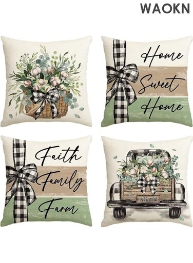 Home Pillow Covers , Home Farmhouse Eucalyptus Leaves Throw Pillow Covers , 45 x 45 cm , Truck Stripes Buffalo Plaid Cushion Case Decorations Set of 4 , Linen material, skin friendly and soft, breathable and comfortable .