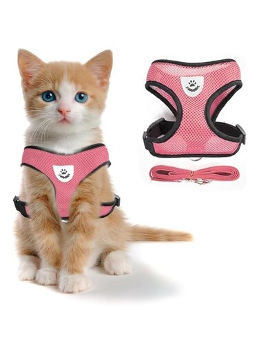 ShabeEat Cat Chest Harness and Leash, 2 Pack Anti-Escape Adjustable Soft mesh cat Leash and Chest Harness Set for All Types of Cats cat Vests (Size S,Pink)