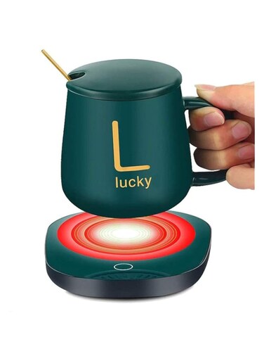 GWQDJ USB Coffee Mug-Warmer, Electric Coffee Cup Warmer for Desk, Automatic On/Off To Keep Temperature Up To 131℉/ 55℃, Include Ceramic Mug, Cover, Spoon