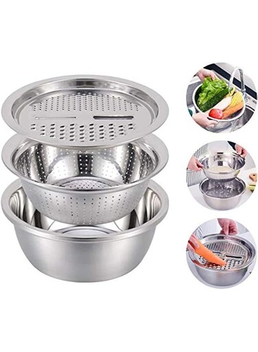 New Stainless Steel Basin With Grater 3 in 1 Vegetable Cutter with Drain Basket 3PCS Vegetable Washing Bowl Set Strainer for Washing Vegetables (28cm)