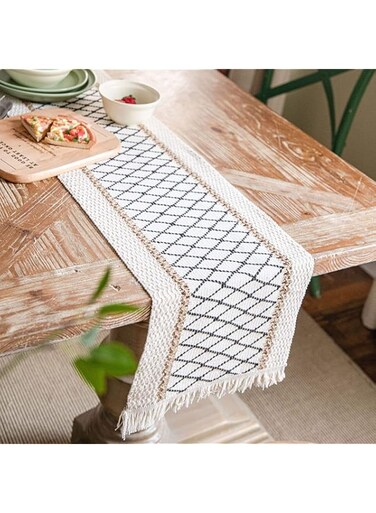 YHRY Table Runner, Boho Table Runner, Hand Woven Off White Table Runners, Boho Wedding Table Decor, Exquisite Tassel Edge, for Dining Room, Coffee Table or Decorations for Home