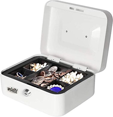 Rubik Medium Cash Box with Tray and Lock Durable Portable Steel Money Box (20x16x9cm, White)