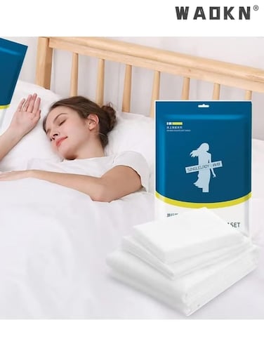 4 Pieces Travel Disposable Bedding Set,SMS Material Double People Disposable Bedding Sheets, Sheet for Business Travel Hotel Trip Outdoor Camping Set,1 Bed Sheet,1 quilt cover, 2 pillow cases.Travel Disposable Bed Sheet Set, Portable Disposable Sheet and Disposable Pillowcase Set, Suitable for Travel Hotel Business Travel