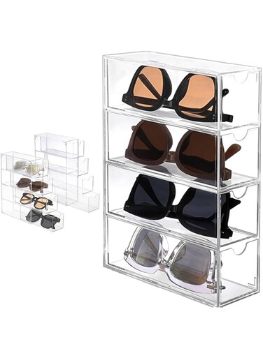 Diylove Transparent Sunglasses Organizer, Acrylic Eyeglass Case with 4 Lid Drawer Organizer, Multipurpose Drawer Organizer Tray Supplies for Bathroom, Dorm, Desk, Countertop, Office,6.9 &quot;x 2.6&quot; x9.7