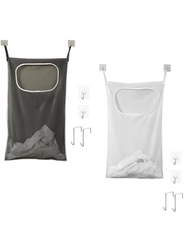 Munyee Hua Waterproof Collapsible Large laundry hamper Bag with Adjustable Stainless Steel Door Hooks - Space Saving and Durable (1 Mesh White and 1 Mesh Grey)