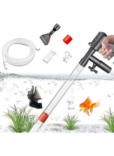 Hand Grip Aquarium Gravel Cleaner，New Quick Fish Tank Water Changer with Air-Pressing Button, 6 in 1 Fish Tank Sand Cleaning Kit Siphon Vacuum Cleaner with Water Hose Controller Clamp Algae Scraper