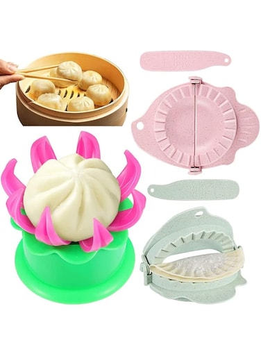 ELECDON Dumpling Touch Tool, 5 Pieces Steamed Stuffed Bun Maker and Dumpling Maker Plastic Mold and Filling Spoon Cooking Tools Set for Cooking Delicious Baozi and Jiaozi (Green, Pink)