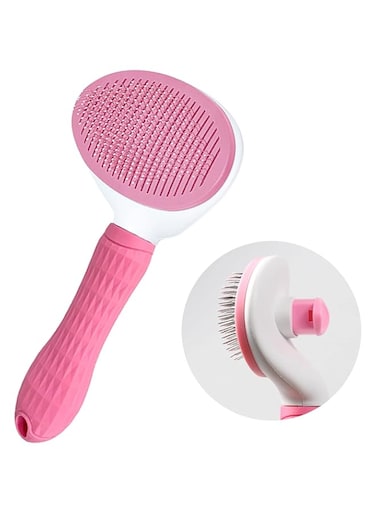H&amp;I HOME - PET HAIR BRUSH FOR CATS/DOGS ETC. WITH SELF CLEANING SYSTEM BUTTON (Pink)