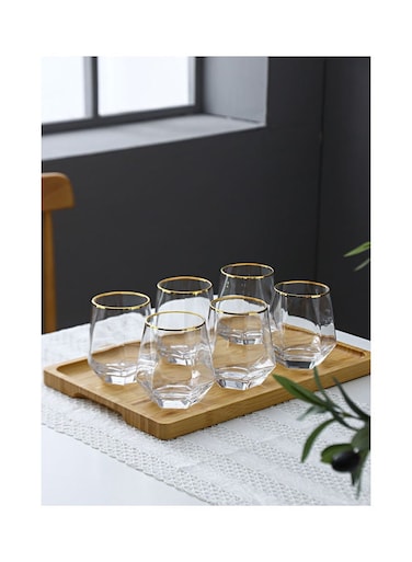 Art 6-Piece Hexagonal Low Glass Water Cup Clear/Gold 9.2x9.3x6.6cm