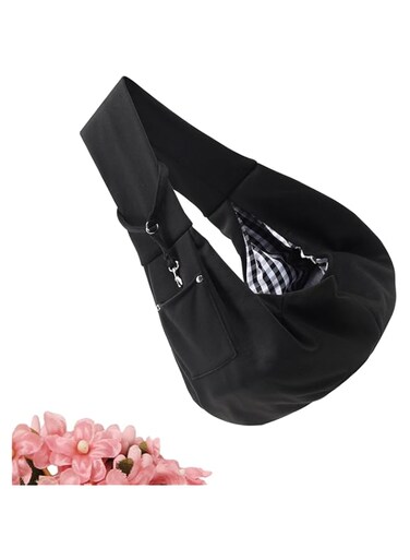 Duomama Reversible Dog Carrier Sling with Storage Pocket - Hands-Free Pet Purse for Small Dogs and Cats - Travel Harness Included - Black