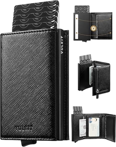 VULKIT Men's Credit Card Holder Credit Card Holder Leather RFID Wallet Pop Up Wallet with 3 Slots for Cards &amp; Banknotes&hellip;