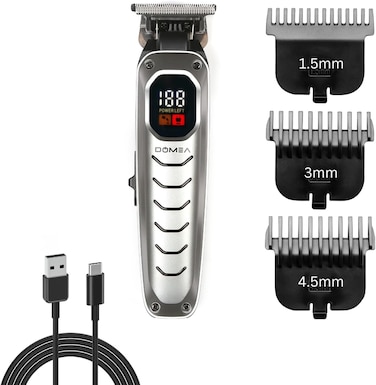 DOMEA Professional Trimmer PRO Series, Rechargeable Cordless Beard and Hair Trimmer with LCD Display, Low Noise Operation, 3 Adjustable Comb Sizes, 1200mAh Lithium Battery, USB Charging