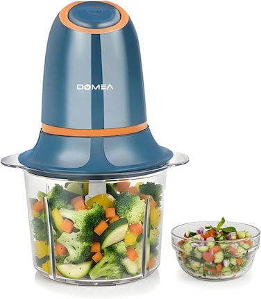 DOMEA Electric Mincer, Vegetable &amp; Fruit Chopper, Mini Processor, 1.2 L Bowl, Detachable Stainless Steel Quad Blades, For Easy &amp; Quick Grinding of Meat, Vegetables Fruits, Nuts, Dip Making, 300 W