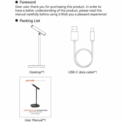 Porodo Desktop Tiltable USB Microphone with USB-C Data Cable - Black