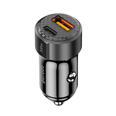 Porodo 50W Dual Port Car Charger, 20W Power Delivery, Simultaneous Fast Charging, 30W Quick Charge, Multi Protection, Carbon Fiber Print, Lightweight &amp; Portable - Black
