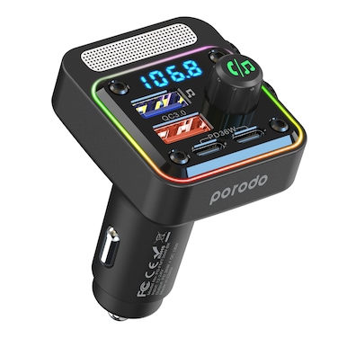 Porodo Quick-Charge FM Car Charger &amp; Music Player, Dual USB-C &amp; USB-A, Bluetooth 5.3, FM Radio, PD 36W Fast Charging, Multi-Port Charging, Built-in Mic, Supports 32GB USB Drive
