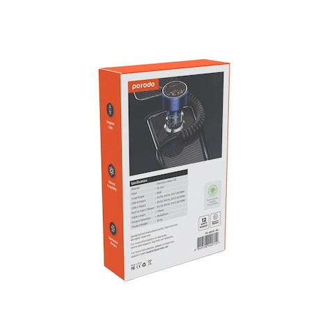 شاحن سيارة شفاف مزدوج المنافذ بورودو بقوة 60 واط، PD 30W وQC 18W مع كابل ملفوف مدمج من نوع Type-C، شحن متزامن، متوافق عالميًا، مصنوع من سبائك الألمنيوم + PC
