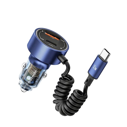شاحن سيارة شفاف مزدوج المنافذ بورودو بقوة 60 واط، PD 30W وQC 18W مع كابل ملفوف مدمج من نوع Type-C، شحن متزامن، متوافق عالميًا، مصنوع من سبائك الألمنيوم + PC
