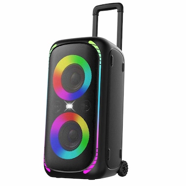 Porodo Soundtec Bash X: Portable Trolley Party Speaker with 12-Hour Playtime, IPX4 Water-Resistance, Bluetooth 5.3, Flashing Lights, and FM Radio