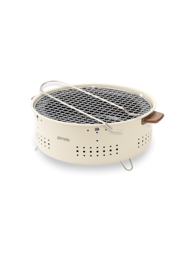 Porodo Lifestyle Camping Mini Outdoor Round BBQ/Charcoal Grill Compact Design Lightweight Build Easy Cleaning Easy To Use Optimal Airflow Duarble Construction Travel Friendly Trip Backyard-Light Brown