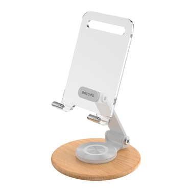 Porodo Rotating Transparent Mobile &amp; Tablet Stand, 360&deg; Rotable, Adjustable Angle, Compatible with 4&quot;-11&quot; Devices, Acrylic + ABS + Beechwood + Silicone, Folding Design, 191g Weight, White

