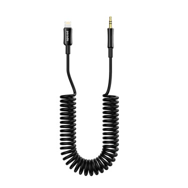 Porodo 3.5mm AUX to Lightning Coiled Audio Cable, 1.2M Length, Tangle-Free &amp; Auto-Retract Design, Universal Compatibility, High-Quality Audio, Black
