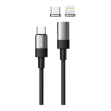 Porodo Fast Charging Cable with PD100W USB-C to USB-C and Lightning Magnetic Head Connectors, 1.2M Length, 30W Lightning, 100W Type-C, 15000+ Bends Lifespan - Black

