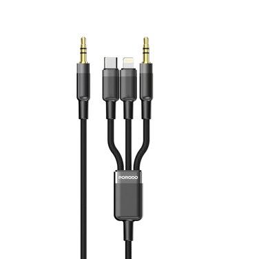 Porodo 3IN1 AUX 3.5 to 3.5 + C + Lightning Cable 1.2M, Aluminum + Braided Wire, 15000+ Bends, Tangle Free &ndash; Black