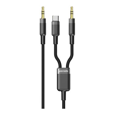 PORODO 2IN1 AUX 3.5 TO 3.5+TYPEC CABLE 1.2M - BLACK