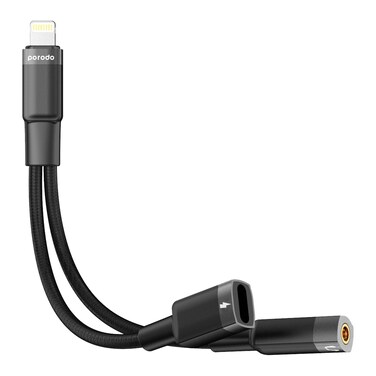 Porodo Lightning Connector Audio and Charge Adapter, 0.12 Meter Length, Plug and Play Design, Simultaneous Charging and Audio, Crystal Clear Sound Output, Lightning Port, Black
