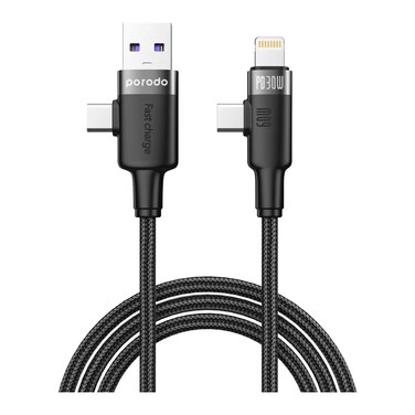 PORODO BRAIDED 60W USB-A/TYPE C TO C/C-L FAST CHARGING CABLE 1M - BLACK