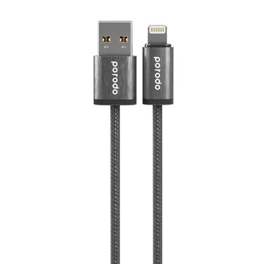 Porodo Woven Braided USB-A to Lightning Cable, 1.2m Durable Aluminum Alloy &amp; Woven Material, 480Mbps Data Transfer, 2.4A Fast Charging, 15000+ Bends Lifespan, Tangle-Free Design - Black
