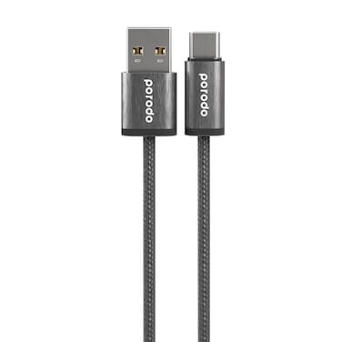 Porodo Woven Braided USB A to Type C Cable, Data Transfer and Fast Charging, Durable Aluminum Shell, 1.2 Meter 4 Feet Length, High Bend Resistance Over 15000 Times, Tangle Free Design - Black
