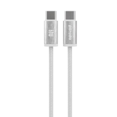 Porodo Woven Braided USB-C to USB-C Cable, 1.2m Durable Aluminum Shell, 60W Power Delivery, Fast Charging, 480Mbps Data Transfer, Tangle-Free, High-Grade Components, 15000+ Bends Lifespan - White

