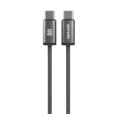 Porodo Woven 60WPD Type-C to Type-C Fast Charge Cable, 480Mbps Fast Data Transfer,High-Grade Components (Aluminum Alloy + Woven Cable), 1.2M Length - (Black)